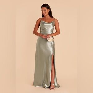Lisa Long Dress - Shiny Satin Moss Green